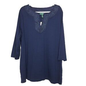 NWT Lauren Ralph Lauren Blue Embroidered Tunic V-Neck Top 2X Boho